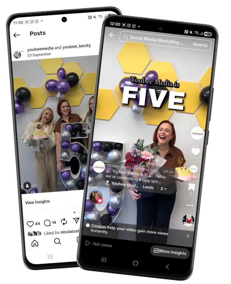 Screenshot of two phones displaying repurposed  content, one from TikTok and one from Instagram.
