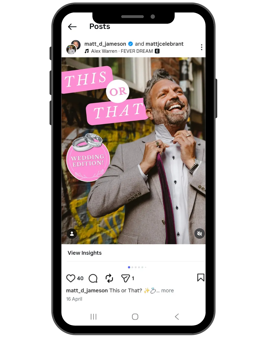 Screenshot of Matt Jameson's celebrant instagram