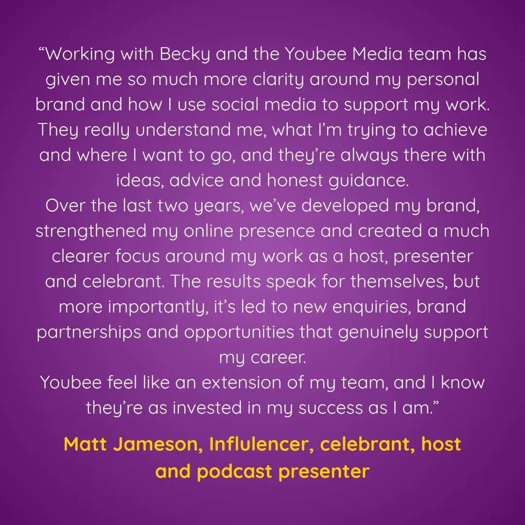 Testimonial graphic from Matt Jameson about Youbee Media's support