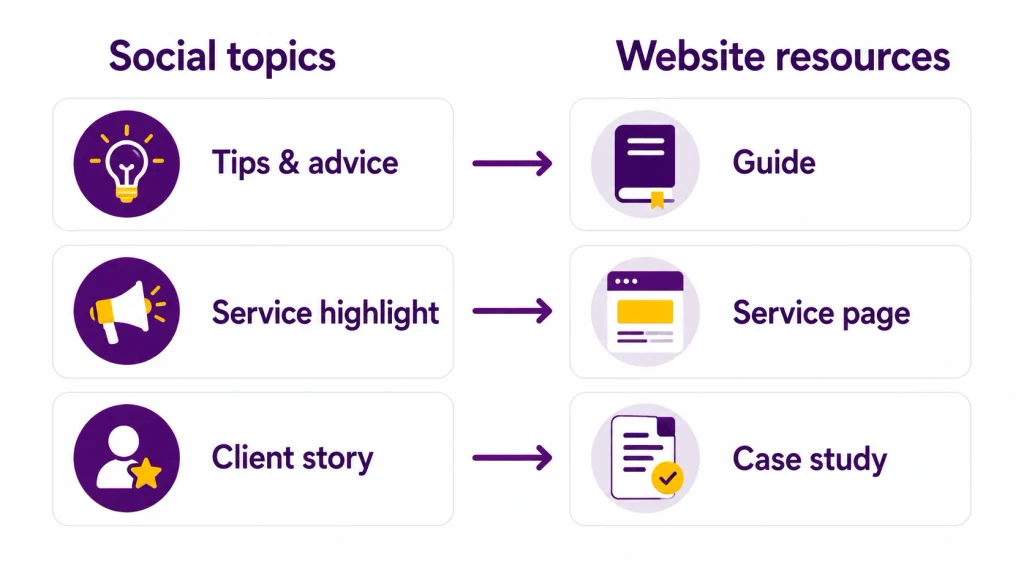 Graphic showing social topics and what resources they should lead to on your website